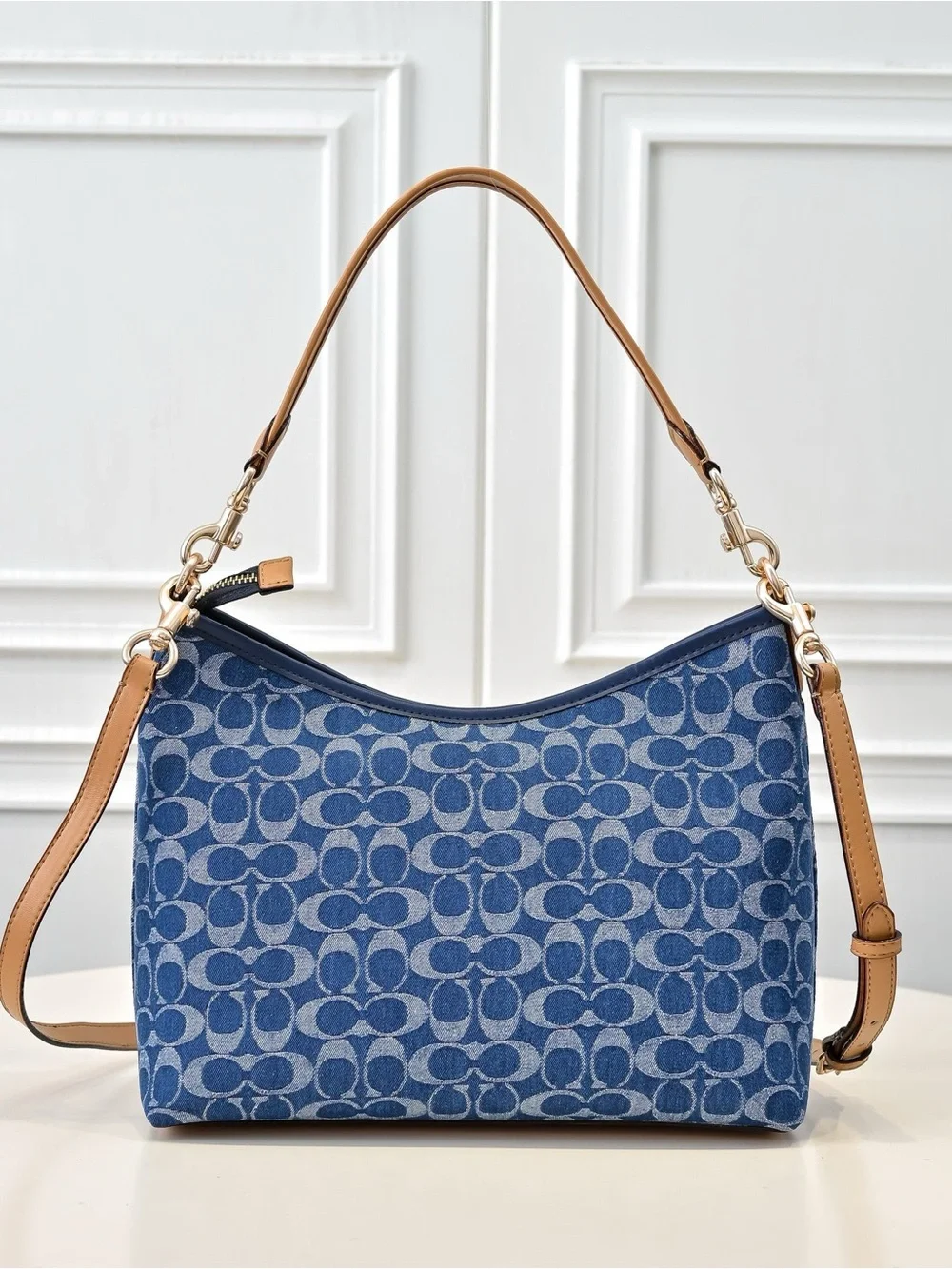 Coach Denim Blue Signature Jacquard Hobo with Tan Straps